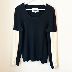AIKO Black Crewneck Sweater w/ White Leather Sleeve Detail Soft -size L